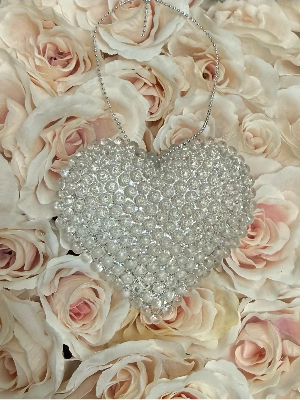Vtg Clear Hard Plastic Heart Ornament - White Sparkle